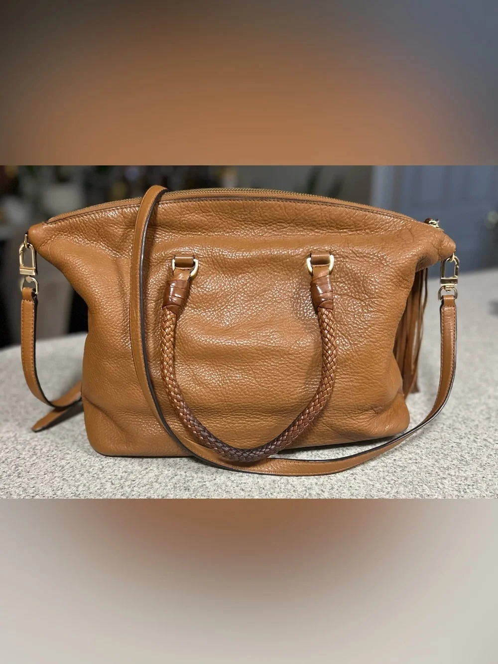 TORY BURCH Taylor Satchel Cognac Braided-Handle Leather Tote